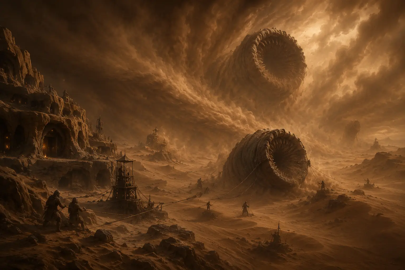 Atmospheric image of a desert planet with giant sandworms — background art for the Dune: Imperium strategy board game
