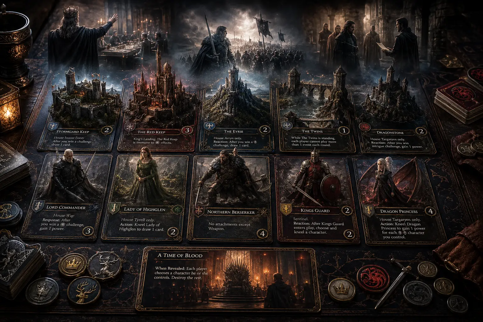 Atmospheric image of A Game of Thrones LCG cards with castles, characters, and tokens on the game table at Warsaw Board Game Club
