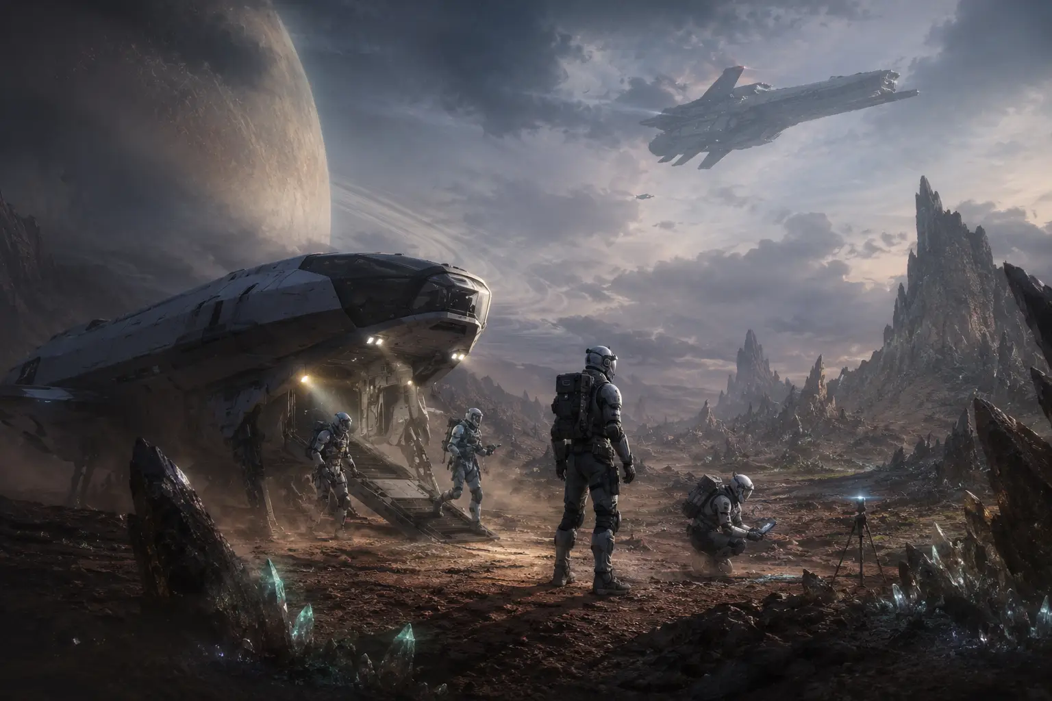 Atmospheric image of an explorer crew on an alien planet near a landing ship — background art for the ISS Vanguard board game
