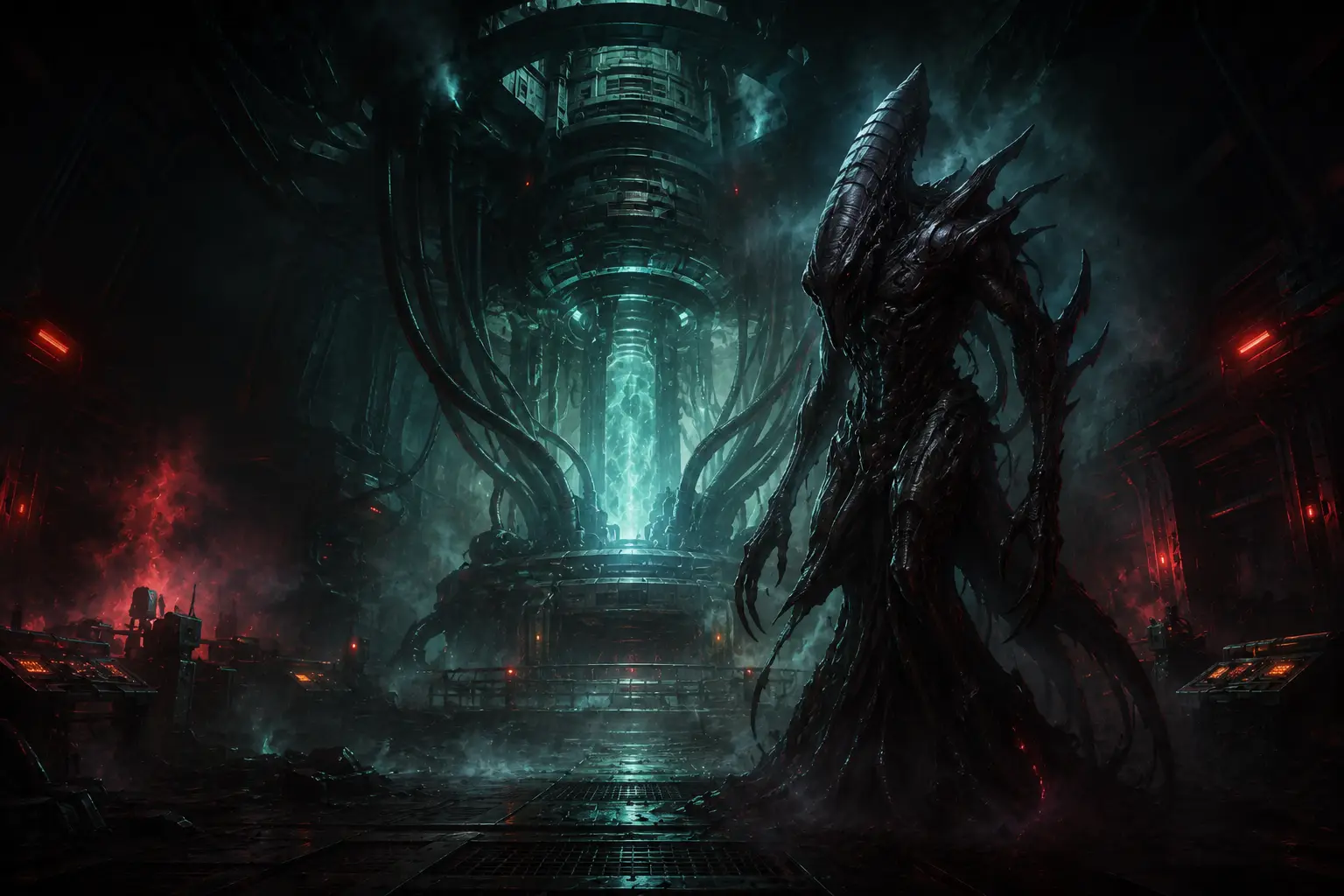 Atmospheric image of an alien creature in a dark, teal-lit corridor — background art for the Nemesis: Retaliation board game