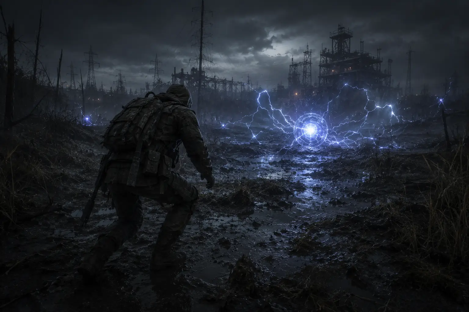 Atmospheric image of a stalker heading toward an anomaly amid industrial ruins — background art for the S.T.A.L.K.E.R. board game
