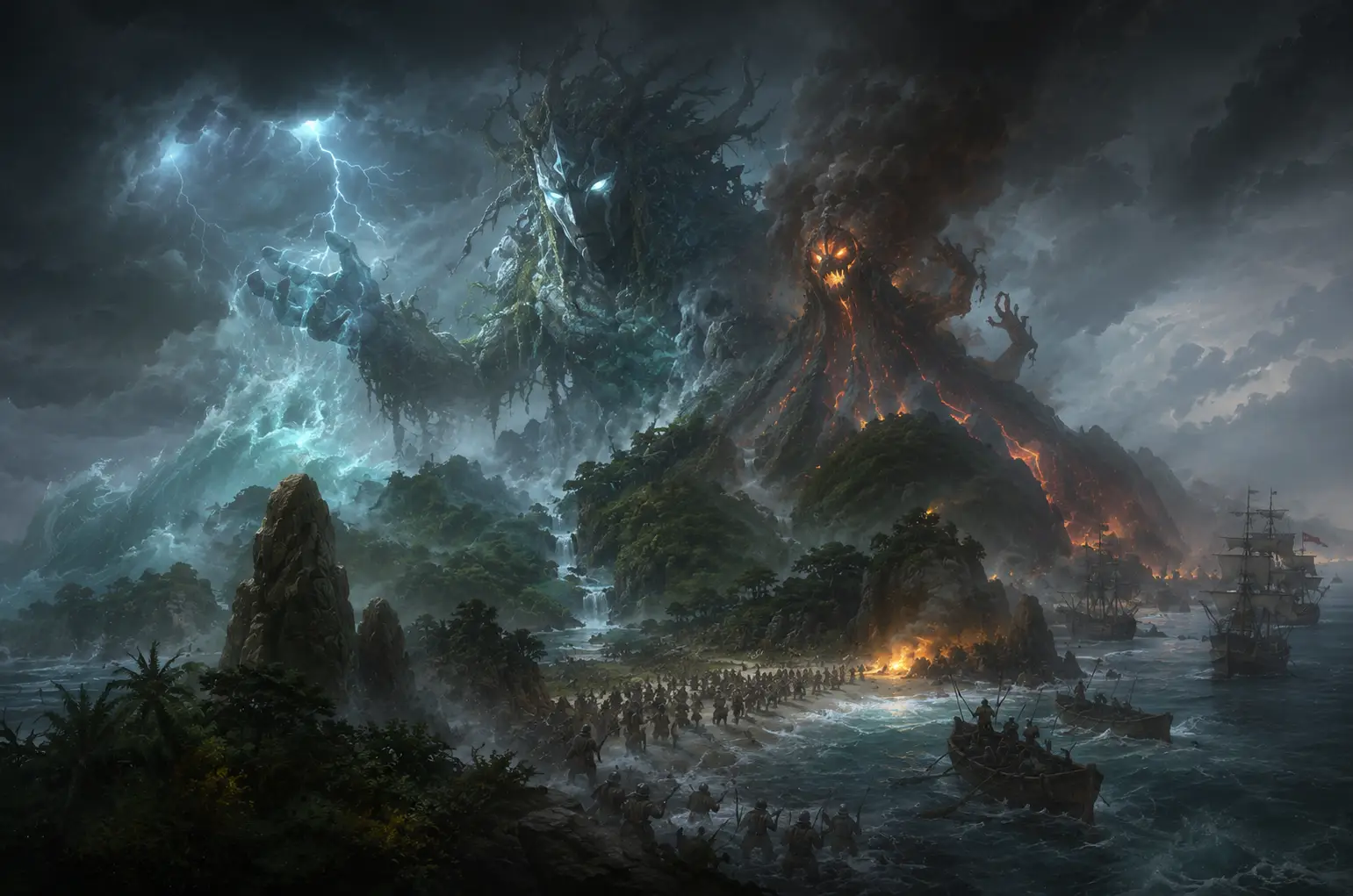 Atmospheric image of island spirits confronting colonizers on a stormy coast — background art for the Spirit Island board game