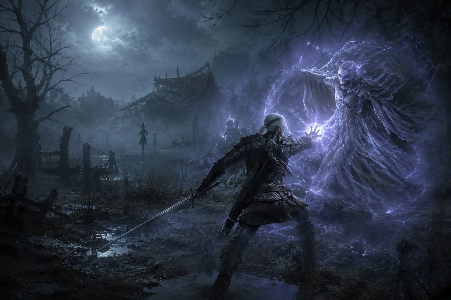 Atmospheric image of a witcher battling a ghost under a moonlit sky — background art for The Witcher: Old World board game