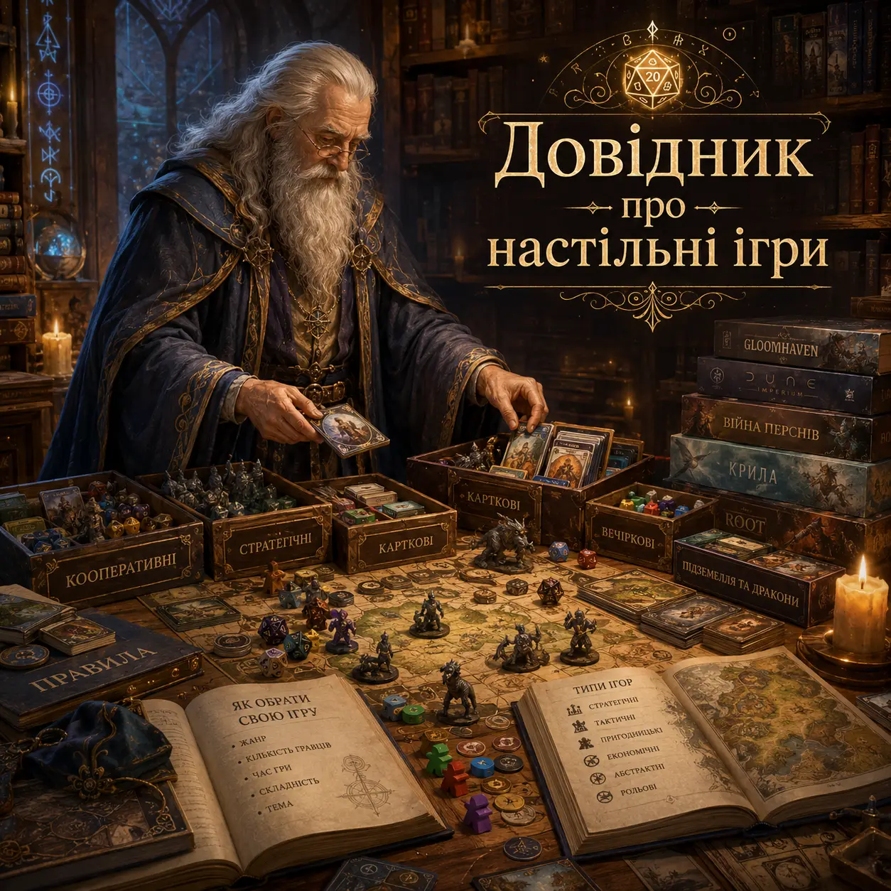 Чарівник розкладає карти та фігурки настільних ігор у стародавній бібліотеці — банер довідника про настільні ігри клубу Warsaw Board Game Club