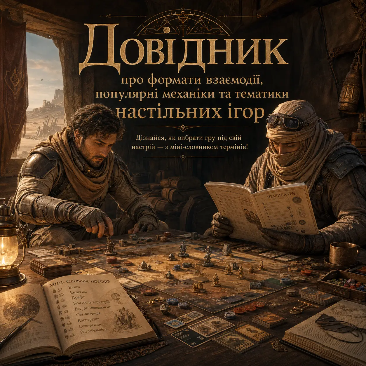 Двоє мандрівників за настільною грою в пустельному наметі, один розглядає мініатюри на карті, інший читає правила гри — банер довідника «Формати взаємодії, популярні механіки та тематики настільних ігор» клубу Warsaw Board Game Club