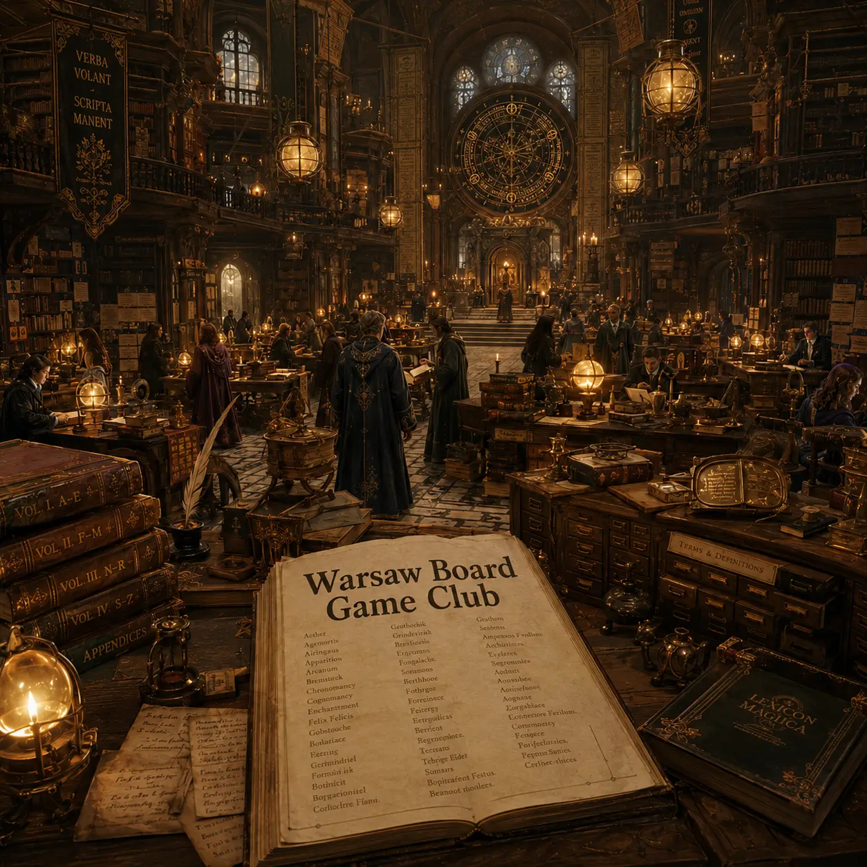 Розкрита старовинна книга «Warsaw Board Game Club» зі списком термінів на столі величної магічної бібліотеки, де чарівники в мантіях досліджують фоліанти — банер розділу «Словник термінів настільних ігор»