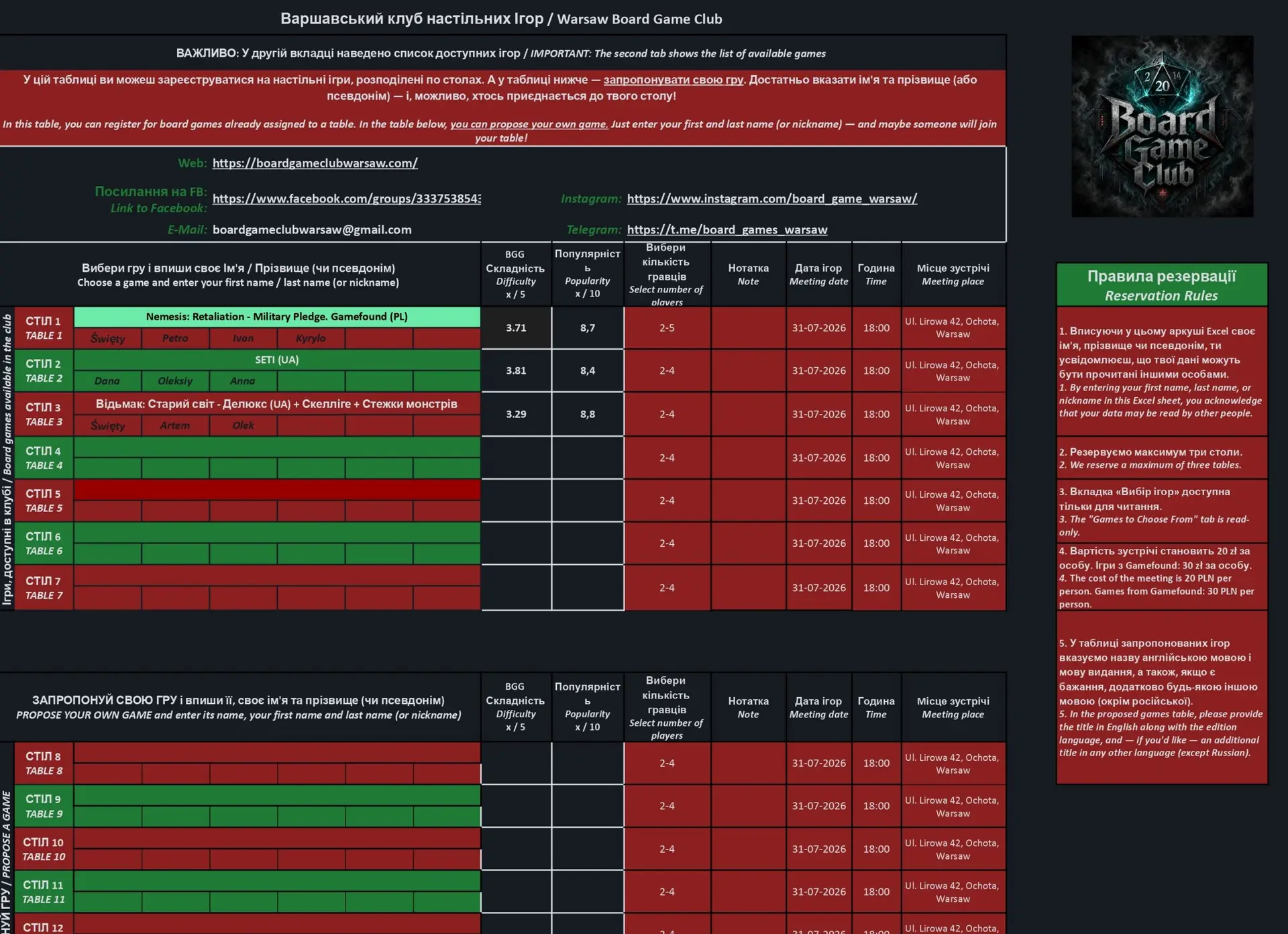 Table reservation spreadsheet for Warsaw Board Game Club showing table schedule, games, and club contact details