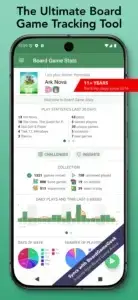 Скриншот застосунку BG Stats (Board Game Stats) — статистика партій, колекція з 1321 гри, графіки щоденних партій та синхронізація з BoardGameGeek