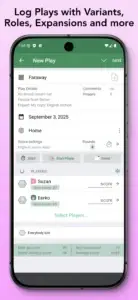 Скриншот застосунку BG Stats — екран додавання нової партії гри Faraway з гравцями, рахунком та статистикою найкращих результатів