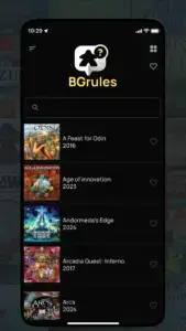 Скриншот списку ігор застосунку BGrules — A Feast for Odin, Age of Innovation, Andromeda's Edge, Arcadia Quest: Inferno, Arcs та рік видання кожної гри