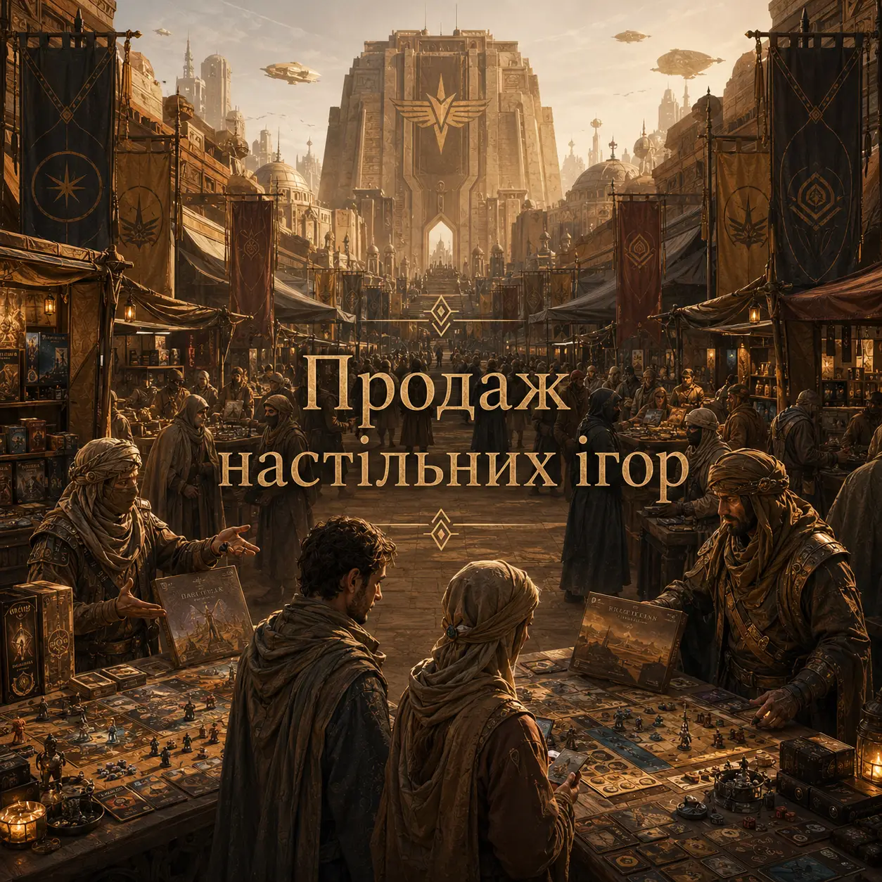 Пустельний ринок у стилі Дюни з продавцями настільних ігор та покупцями за столом із мініатюрами на тлі величного храму — купити настільні ігри Польща