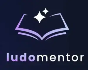 Логотип Ludomentor — розкрита книга з іскрами на темному фоні, AI-застосунок для правил настільних ігор