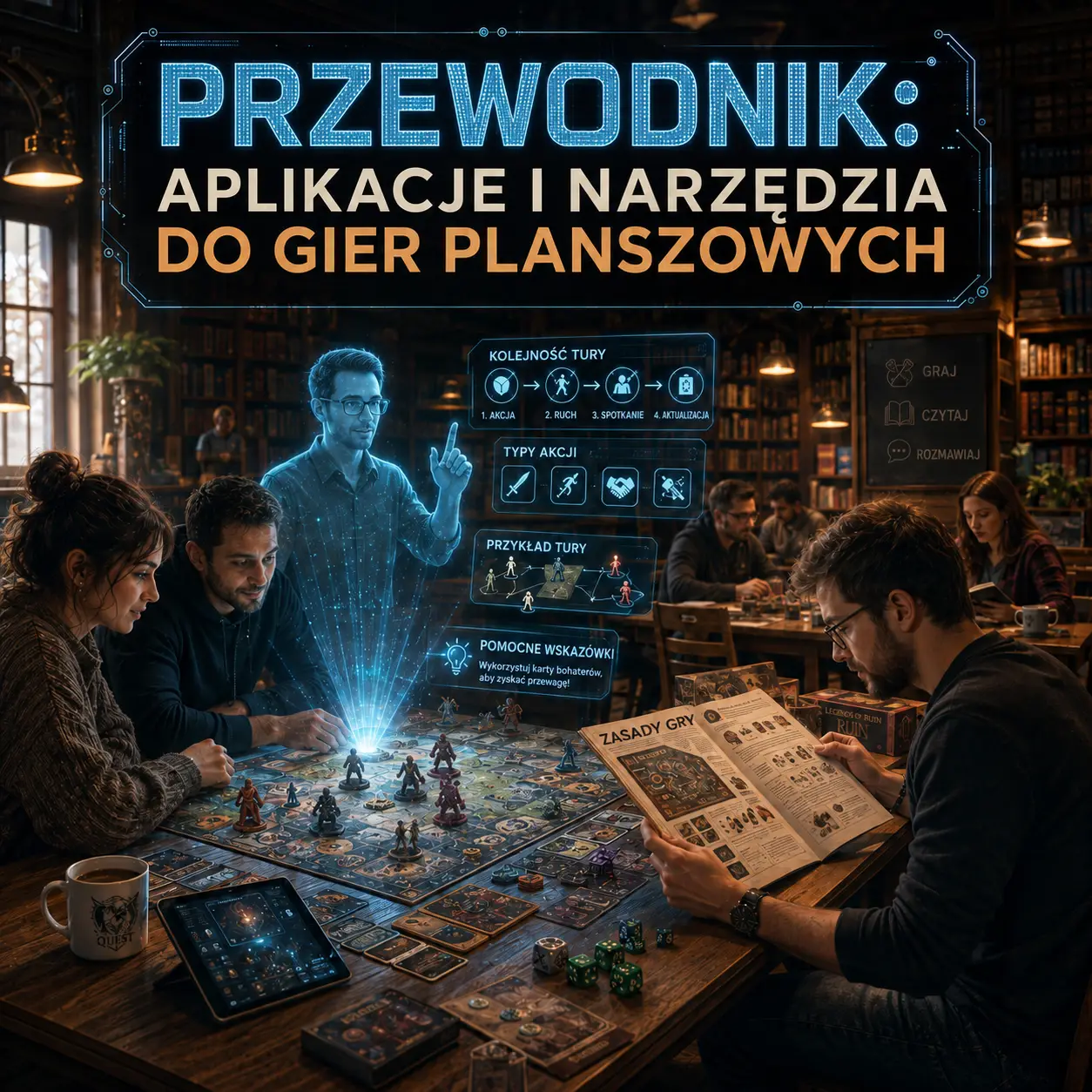 Okładka poradnika „Aplikacje i narzędzia do gier planszowych" — gracze przy stole z holograficznym asystentem AI objaśniającym kolejność tury i typy akcji