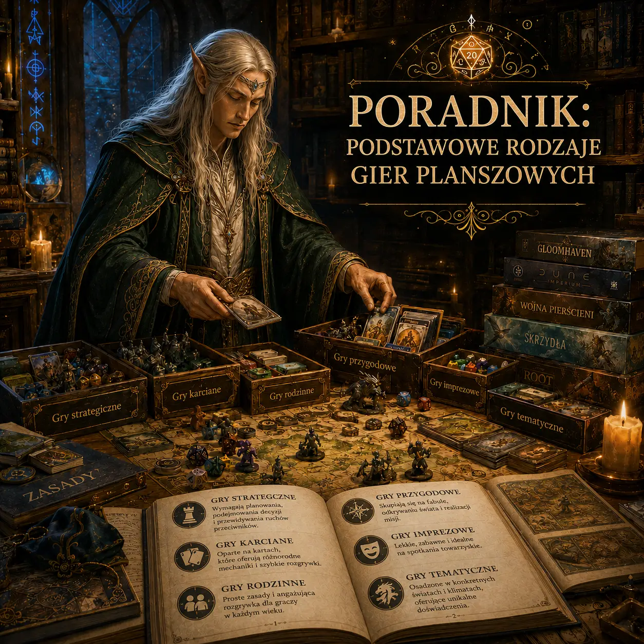 Elf-czarodziej rozkłada karty gier planszowych w starożytnej bibliotece — baner poradnika „Podstawowe rodzaje gier planszowych"