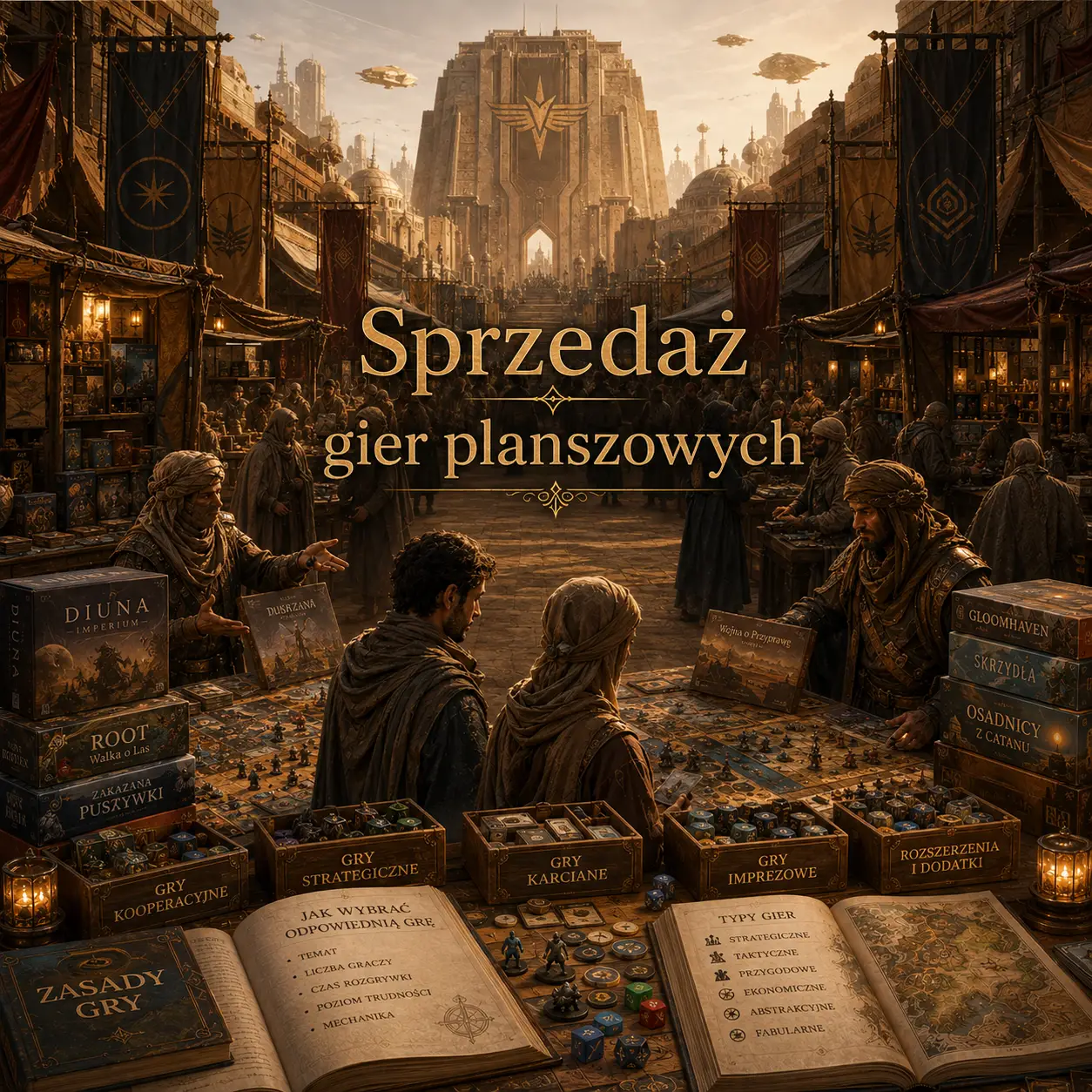 Sprzedaż gier planszowych — targ z pudełkami gier kooperacyjnych, strategicznych, karcianych i imprezowych klubu Warsaw Board Game Club