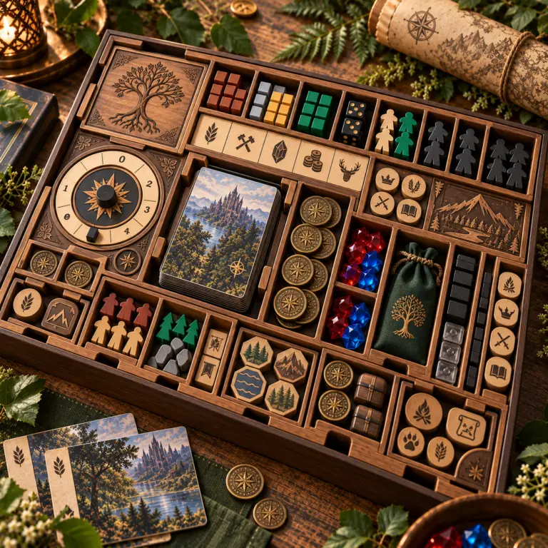 Drewniany insert do gry planszowej z grawerowanymi zdobieniami i przegródkami na karty, monety, kryształy, meeple i żetony