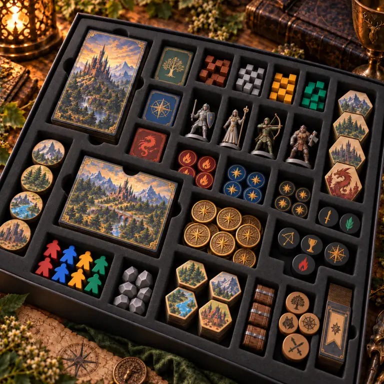 Piankowy insert do gry planszowej z gniazdami na figurki i przegródkami na karty, monety, żetony, meeple i kostki zasobów