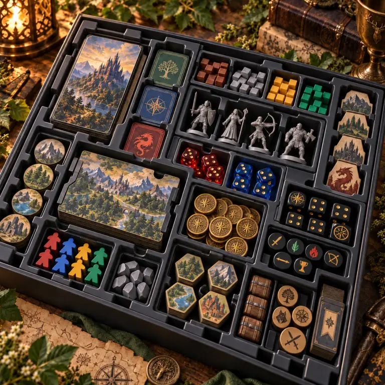 Plastikowy insert do gry planszowej z przegródkami na karty, figurki, kości, monety, meeple i żetony w czarnym wkładzie