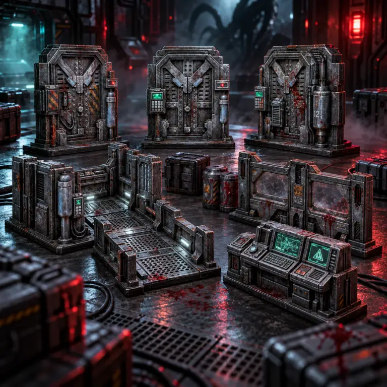 Druki 3D w klimacie Nemesis — modele terenu sci-fi: drzwi grodziowe, segmenty korytarzy z kratownicą i konsola sterowania statku