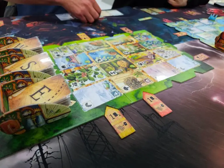 A Meadow player board with observation cards of plants and animals laid out, beside card stacks and scoring tokens